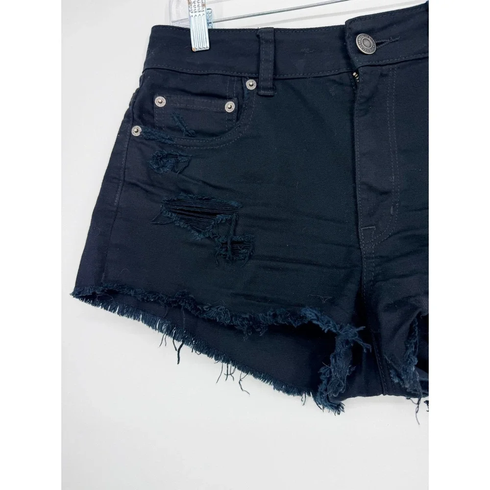 American Eagle Hi-Rise Festival Black Distressed Denim Shorts Size 8 Cut Offs